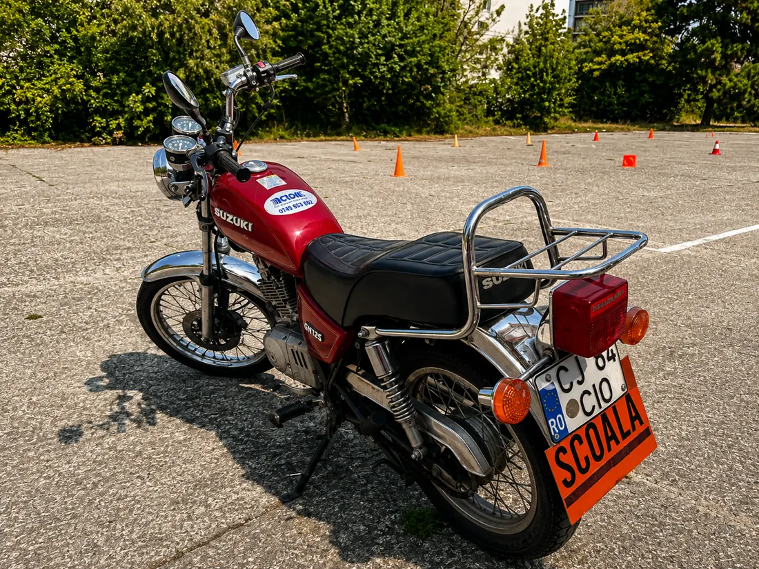 Suzuki GN 125 roșie a școlii CIO, în poligonul cu conuri